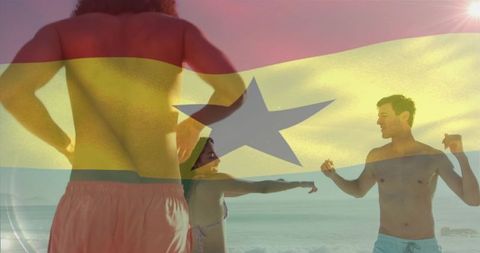 Friends celebrating on sunlit beach with ghana flag overlay and ocean seascape