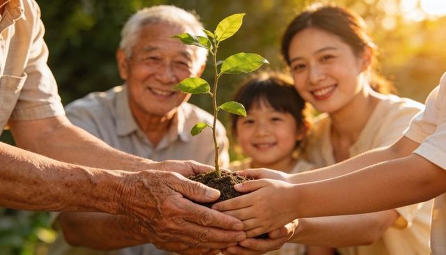 Multigenerational hands planting young sapling in warm golden sunlight