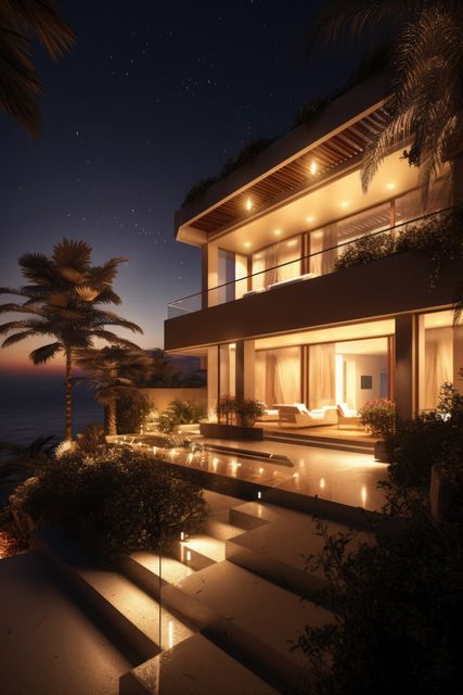 Lit modern villa and garden by seaside at night, created using generative ai technology. Architecture and design concept digitally generated image.