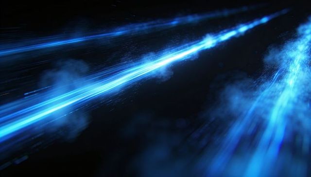 Electric blue energy beams racing through futuristic space tunnel with neon glow and particle trails