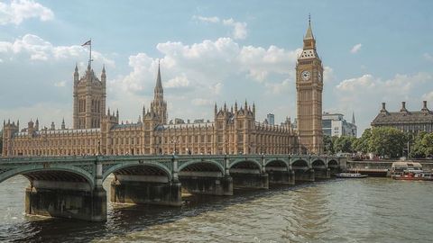 Westminster palace and big ben along river thames during the british empire