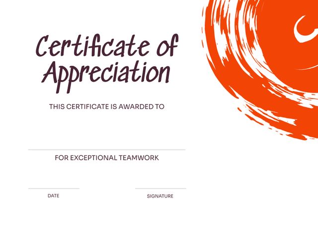 Use this certificate template to recognize and appreciate outstanding teamwork in corporate or educational settings. The bold red abstract design adds a touch of modernity and emphasis, making it perfect for employee recognition, team awards, or school projects.