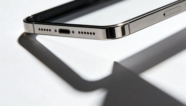 Stainless steel smartphone corner with charging port and speaker grille casting shadow