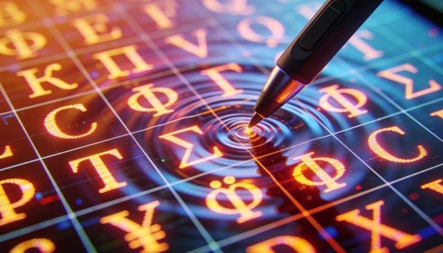 Stylus creating concentric light ripples on neon greek glyph grid for ai tech concept