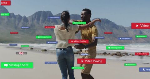 Couple Dancing at Beach Amidst Digital Notifications