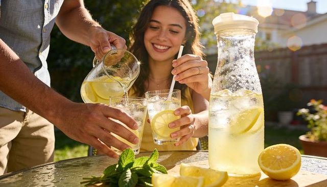 Sunlit summer lemonade pour with smiling woman stirring glass and partner pouring pitcher