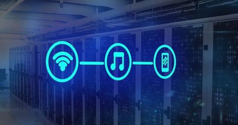 Futuristic connectivity in data center with icons and binary overlay
