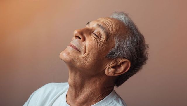 Senior man leaning back with eyes closed relaxing in warm beige studio light