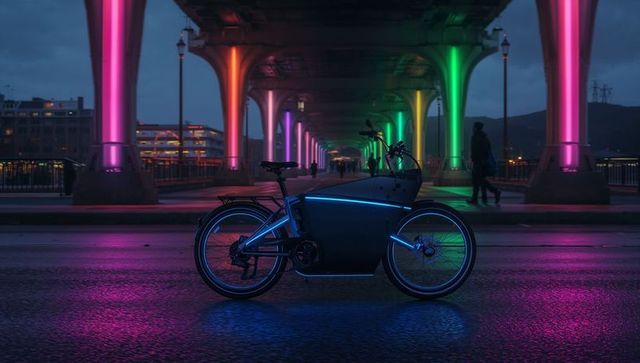 Neon-lit cargo bike glowing under harbor bridge at night with colorful pillar lights
