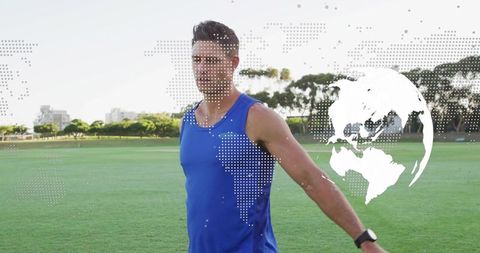 Athlete stretching on sunlit field with digital globe overlay