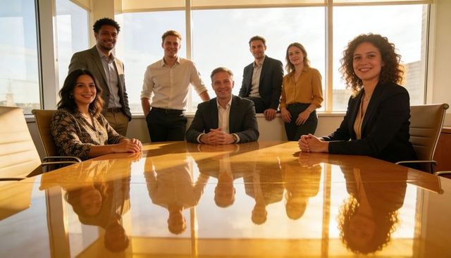 Executive team posing at glossy boardroom table with golden-hour sunlight reflections