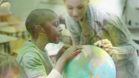Group of Diverse Children and Teacher Exploring Globe