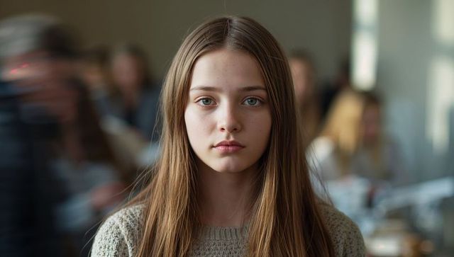 Thoughtful teenage girl looking at camera in bright classroom with blurred classmates