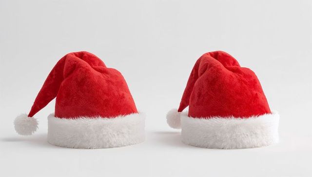 Two Santa Hats Sitting on White Backdrop Minimalist Festive Velvet Holiday Decor