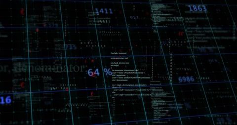 Pulsing data matrix visualizing code and cybersecurity analytics on neon grid interface