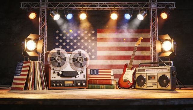 Vintage american music gear on stage with reel-to-reel, electric guitar, boombox