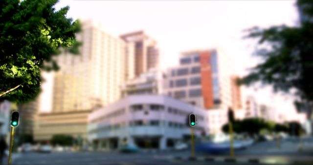 Downtown city scene featuring tall buildings, traffic lights, and a lush green tree at the edge. Perfect for illustrating modern urban landscapes, city infrastructure, transportation, and metropolitan areas. Ideal for articles, websites, and advertisements depicting city living or urban development projects.