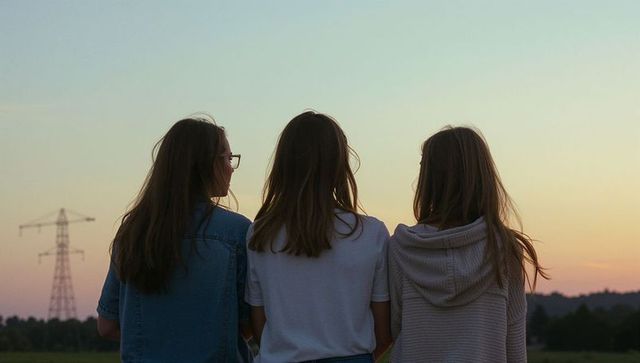 Three teens standing together watching pastel sunset over meadow at dusk