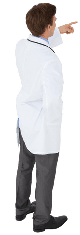 Male doctor in white coat pointing on transparent background