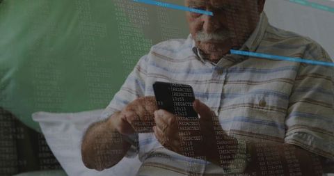 Senior Man Checking Smartphone with Digital Data Overlay, Tech and Cybersecurity Concept