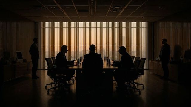 Business executives meeting in dimly lit boardroom