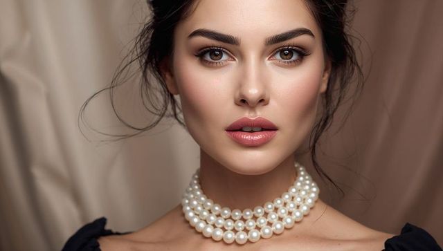 Glamorous brunette woman wearing three-strand pearl choker and black off-shoulder dress