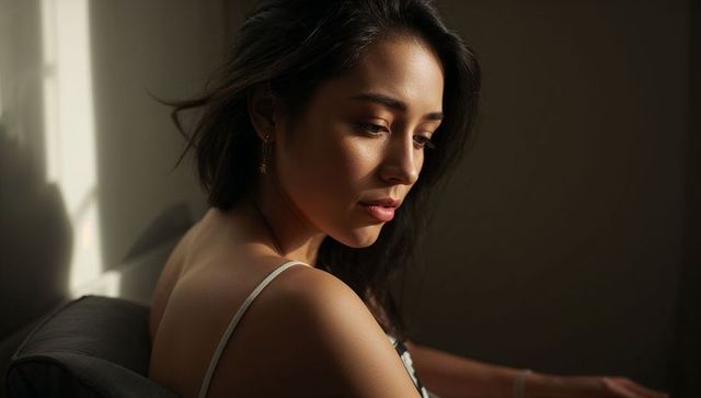 Sitting woman gazing from sofa by window, warm sidelight creating intimate minimalist portrait