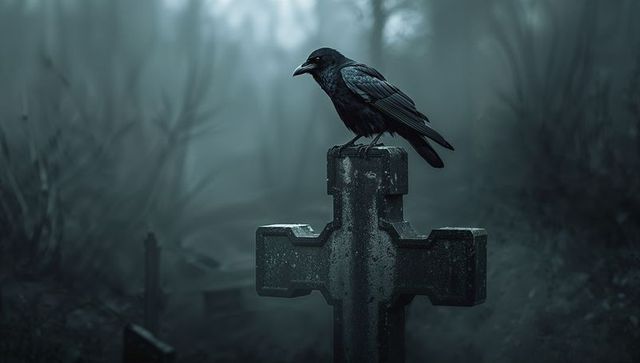 Black Crow Perching on Stone Cross in Foggy Graveyard