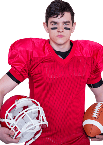 American football player holding helmet and ball on transparent background
