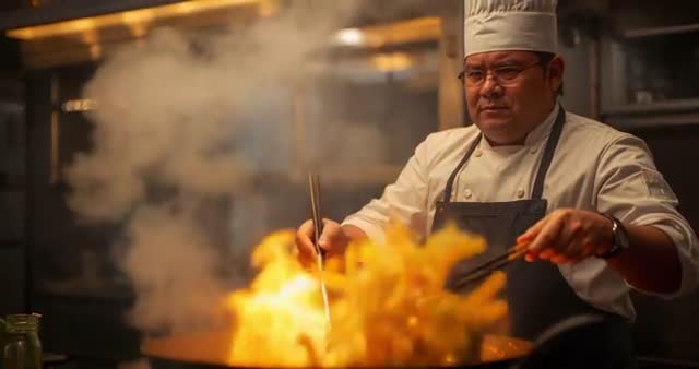 Professional Chef Stir-Frying Vegetables in Flaming Wok