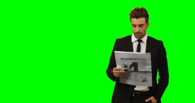Businessman in suit reading newspaper using green screen background. Ideal for projects involving corporate presentations, news segments, marketing materials, and advertisements requiring a professional or financial theme. The green screen background allows easy editing and customization.