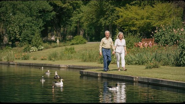 Senior couple walking hand in hand along landscaped pond with ducks and reflections
