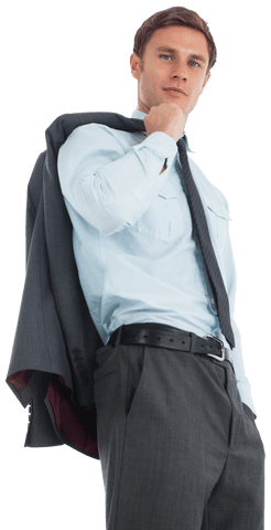 Confident Businessman Holding Jacket with Serious Expression on Transparent Background
