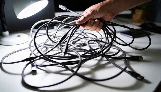 Hand holding tangled braided usb cables on desk lit by lamp for cable clutter concept