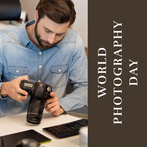 Man Examining Camera on World Photography Day - Download Free Stock Templates Pikwizard.com