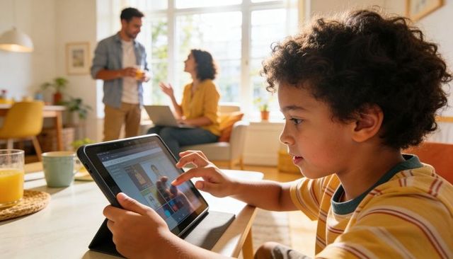 African american child using tablet in sunlit home while parents chatting over coffee