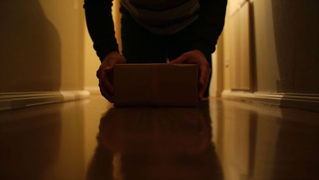 Male kneeling and placing sealed parcel on polished hardwood hallway floor with warm glow
