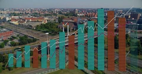 Financial Graphs Over Urban Cityscape Depicting Global Finance Trends