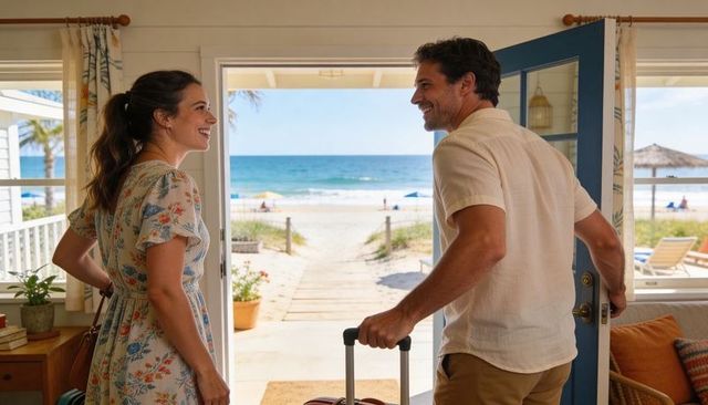 Couple arriving at beach cottage, smiling, carrying suitcase for romantic seaside getaway