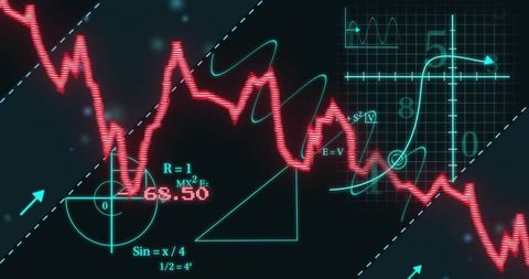 Glowing neon data visualization with jagged red trend line over math grid and unit circle