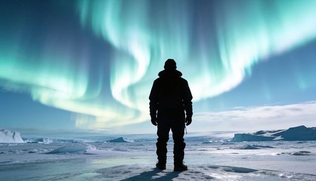 Silhouette explorer watching northern lights over frozen arctic ocean