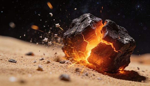 Glowing cracked ember rock radiating molten orange light on desert sand at night