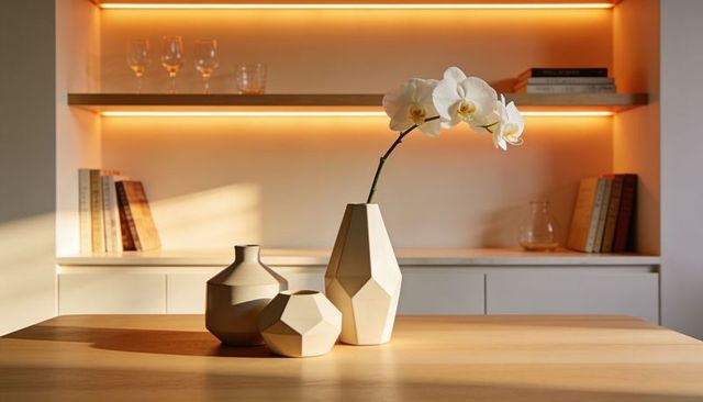 Minimalist geometric ceramic vases with white phalaenopsis on warm led-lit wood table