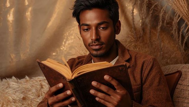 Indian man reading antique leather book in cozy amber nook with textured brown layers