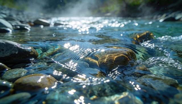 Sunlit stream flowing over smooth river stones with turquoise reflections and mist