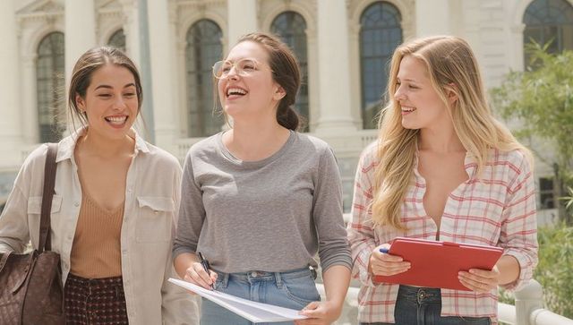 Three female students walking on university campus laughing and taking notes