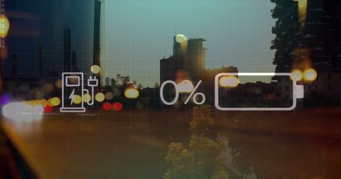 City Skyline with Low Battery Icon at Sunset