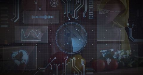 Smart kitchen hud overlay displaying radar interface, data graphs, augmented vegetables