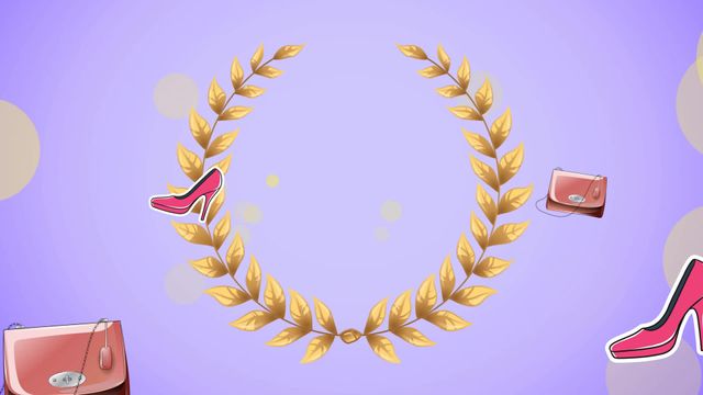 This digitally generated graphic showcases an animated arrangement of fashionable items like handbags and high-heeled shoes highlighting a gold laurel wreath against a lilac background. Ideal for social media posts about fashion awards, influencer content, or style promotional materials, emphasizing luxury and trendsetting.