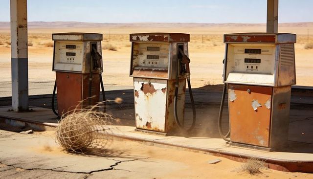 Rusted vintage fuel pumps standing on desert forecourt with tumbleweed and weathered canopy